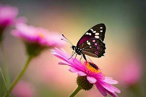 un mariposa es sentado en un rosado flor. generado por ai foto
