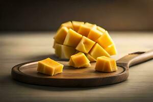 a wooden cutting board with pieces of mango. AI-Generated photo