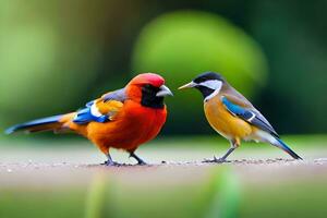 two colorful birds standing on a concrete surface. AI-Generated photo