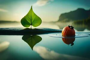 a leaf and a pumpkin are reflected in the water. AI-Generated photo