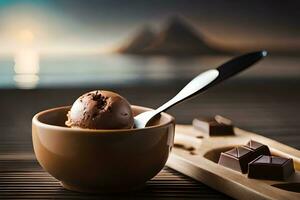 chocolate ice cream in bowl with spoon and chocolate bars. AI-Generated photo