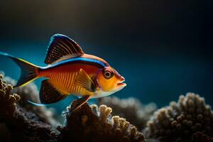 un naranja y azul pescado es sentado en un coral. generado por ai foto