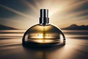 a bottle of perfume sitting on top of a table. AI-Generated photo