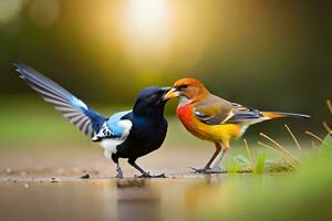 dos aves son en pie en el suelo con su alas abierto. generado por ai foto