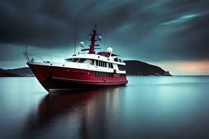 a red and white yacht in the ocean. AI-Generated photo