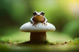 a frog sits on top of a mushroom in the forest. AI-Generated photo