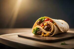 a burrito wrapped in lettuce and meat on a wooden cutting board. AI-Generated photo