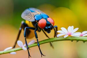 un mosca con rojo ojos y negro y azul alas. generado por ai foto