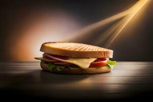 a sandwich with cheese and tomatoes on a wooden table. AI-Generated photo