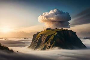 a cloud is blowing over a mountain with a house on top. AI-Generated photo