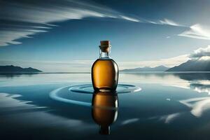 un botella de whisky es reflejado en el agua. generado por ai foto