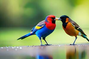 two colorful birds standing on the ground near water. AI-Generated photo