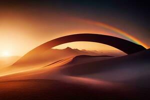 un arco iris es visto en el cielo terminado un desierto. generado por ai foto