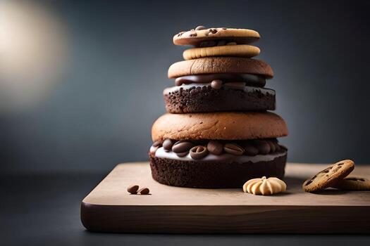 a stack of chocolate cookies and a stack of cookies. AI-Generated photo