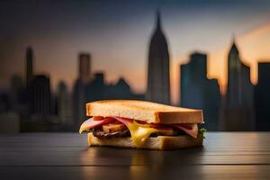 a sandwich with cheese and meat on a table in front of a cityscape. AI-Generated photo