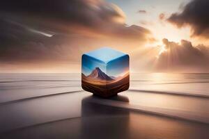 a cube with a mountain in the background. AI-Generated photo