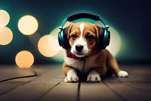 a puppy wearing headphones on a wooden floor. AI-Generated photo