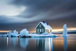 a house on an iceberg in the middle of the ocean. AI-Generated photo
