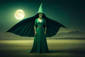 a woman in green dress standing in front of a full moon. AI-Generated photo