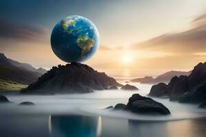 the earth is floating on top of a rock in the ocean. AI-Generated photo