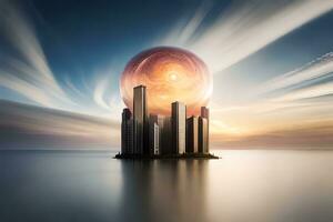 a city with a giant ball in the middle of it. AI-Generated photo