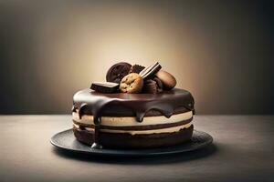 chocolate pastel con galletas y crema en oscuro antecedentes. generado por ai foto