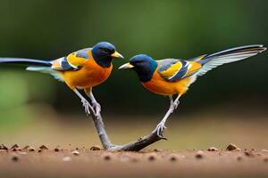 dos aves en pie en un rama con su alas desparramar. generado por ai foto