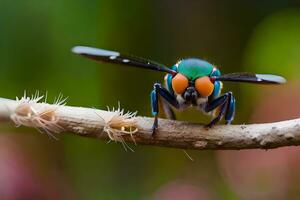 un mosca con brillante naranja ojos sentado en un rama. generado por ai foto