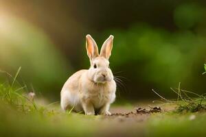 un blanco Conejo sentado en el suelo en un campo. generado por ai foto