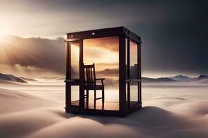 a chair in a small box on a desert sand dune. AI-Generated photo