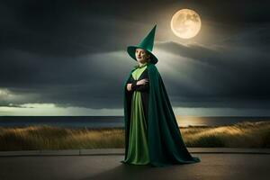 a woman in a green cloak and hat stands in front of the moon. AI-Generated photo