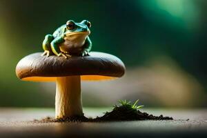 a frog sits on top of a mushroom. AI-Generated photo