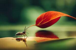 a small insect is standing on a leaf in water. AI-Generated photo