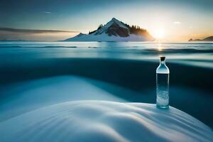 a bottle sitting on the shore of a lake with mountains in the background. AI-Generated photo