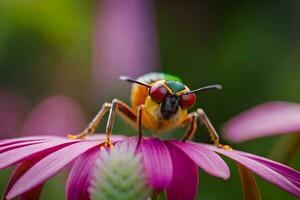 a colorful insect with red eyes sitting on a pink flower. AI-Generated photo