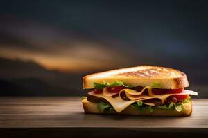 a grilled sandwich with cheese and ham on a wooden table. AI-Generated photo