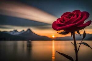 un rojo Rosa es en frente de un lago a puesta de sol. generado por ai foto