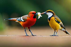 two colorful birds standing on the ground with a flower in their beaks. AI-Generated photo