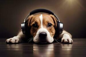 a dog wearing headphones on a wooden floor. AI-Generated photo