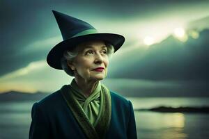 un más viejo mujer vistiendo un bruja sombrero y mirando apagado dentro el distancia. generado por ai foto