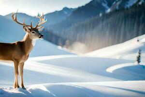 a deer stands in the snow with mountains in the background. AI-Generated photo