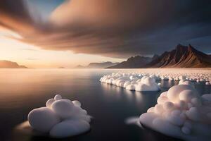 icebergs float in the water near mountains. AI-Generated photo