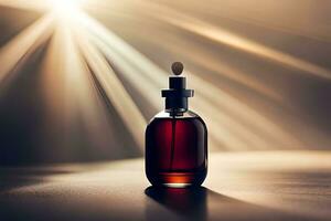 a bottle of perfume sitting on a table with sunlight shining through. AI-Generated photo