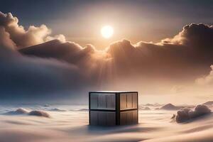 a cube sitting in the middle of a cloud covered field. AI-Generated photo