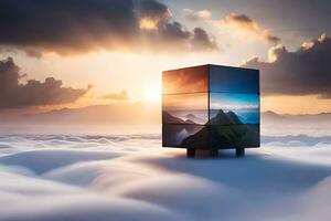 a cube sitting on top of clouds with a sunset in the background. AI-Generated photo