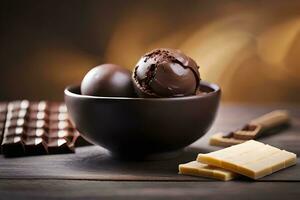 chocolate ice cream and chocolate bars in a bowl. AI-Generated photo