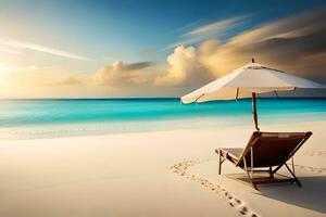 un playa silla y paraguas en un arenoso playa. generado por ai foto