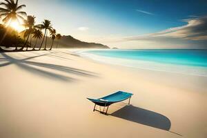 un playa con un azul silla y palma arboles generado por ai foto