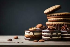 chocolate cookies and cakes on a wooden table. AI-Generated photo