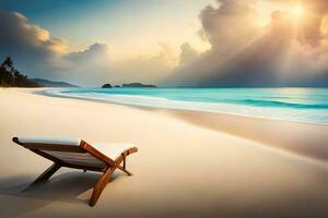 un silla se sienta en el playa a puesta de sol. generado por ai foto